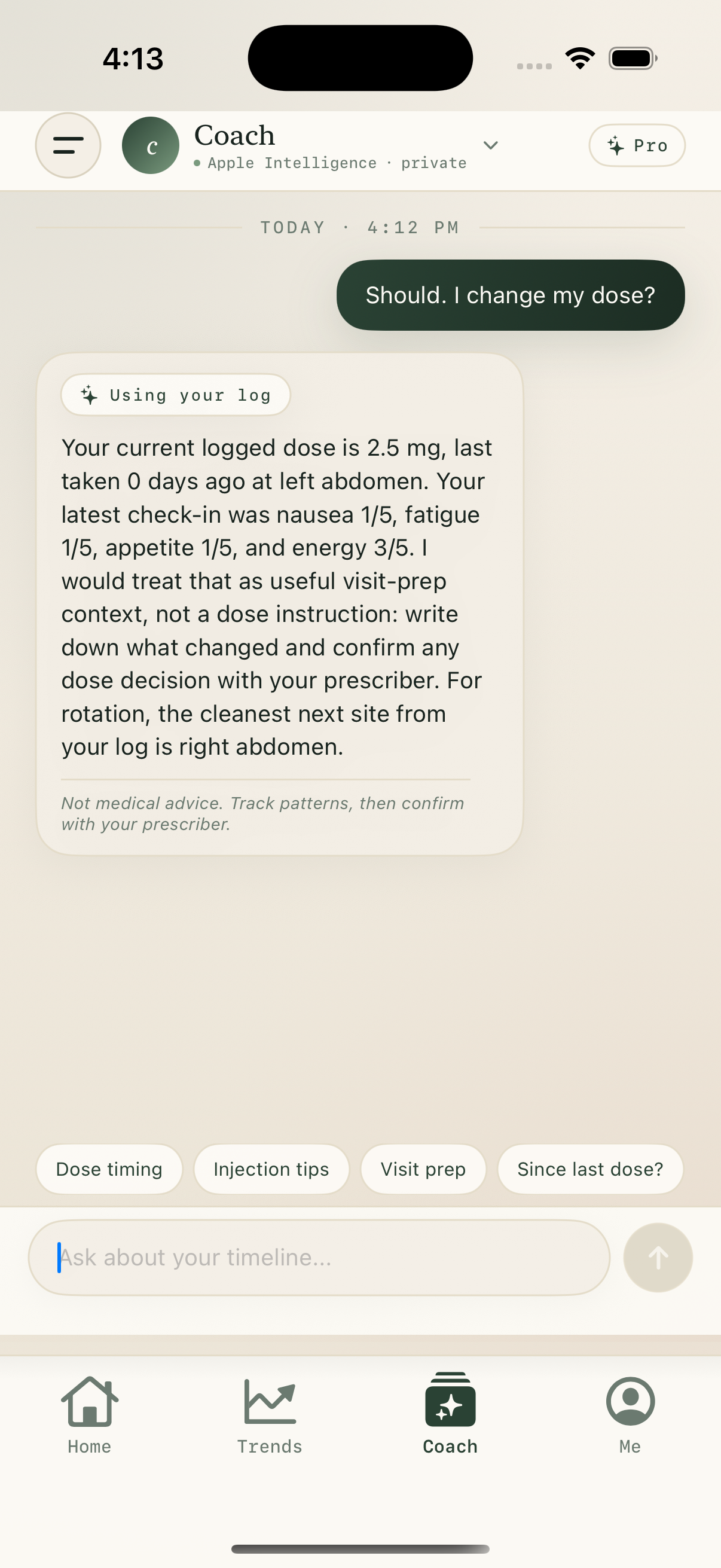Cadence coach screen with a private reflection response